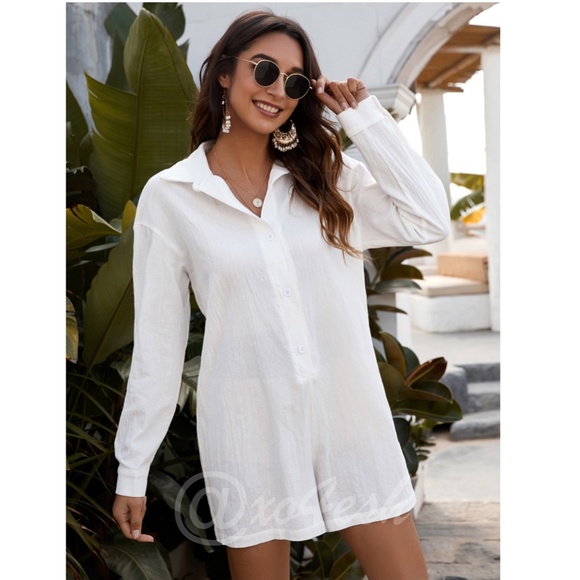 100% Cotton White Plain Playsuit Jumpsuit Romper Shirt Style Long Sleeve - Picture 3 of 7